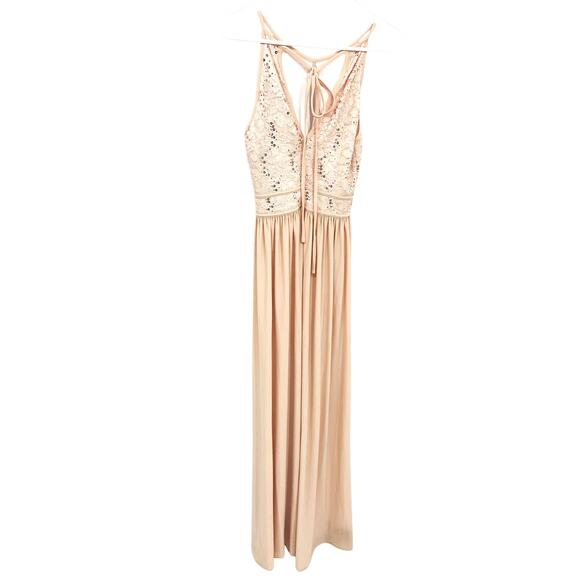Morgan & Co Sequence Embellished Tie Back Long Halter Dress Nude Size 4 - Picture 7 of 7
